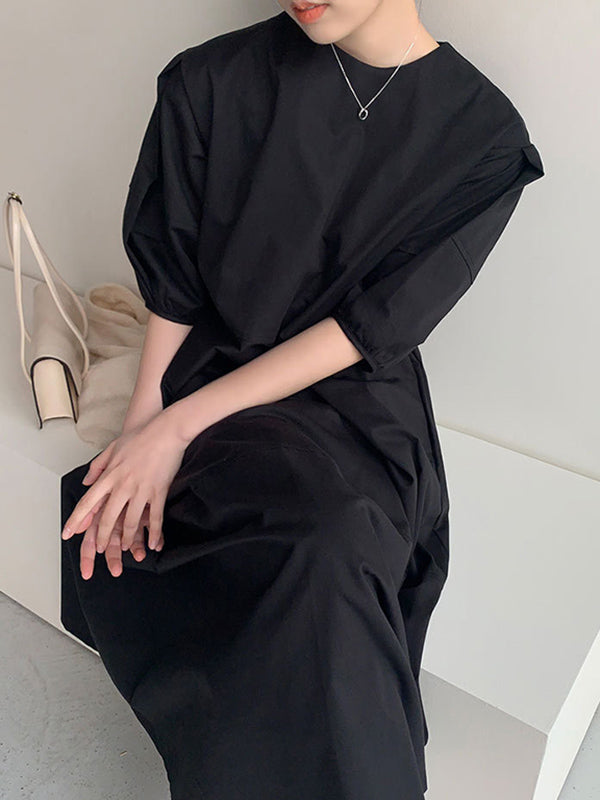 Casual Round-Neck Bishop Sleeve Loose Solid Color Midi Dress