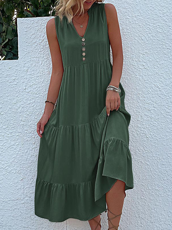 Pleated Split-Joint Loose Sleeveless V-Neck Midi Dresses