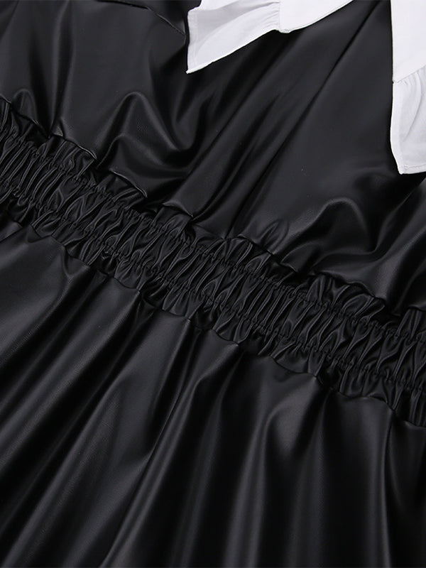 Elasticity Pleated Split-Joint Loose Puff Sleeves Peter Pan Collar Mini Dresses