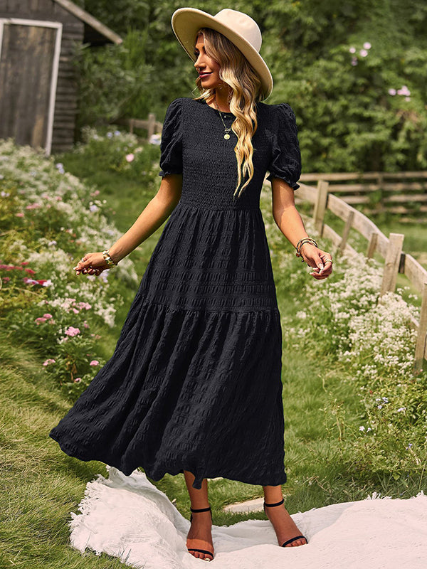 Bohemia Loose High Waisted Solid Color Round-Neck Maxi Dresses