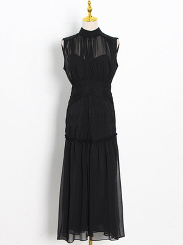 Urban Solid Color High Waisted Falbala Maxi Dress
