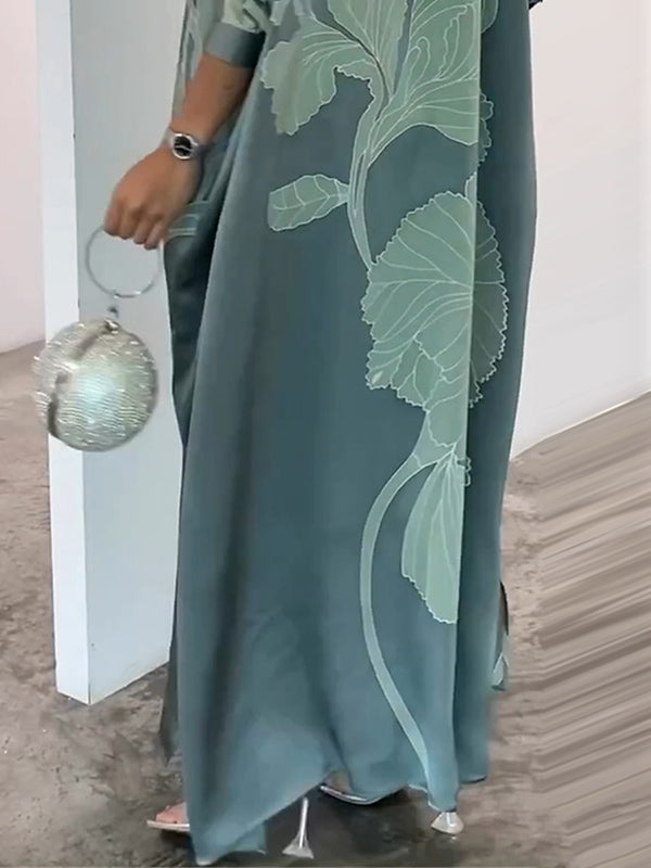 Long Sleeves Buttoned Contrast Color Flower&Leaves Print Muslim V-Neck Maxi Dress