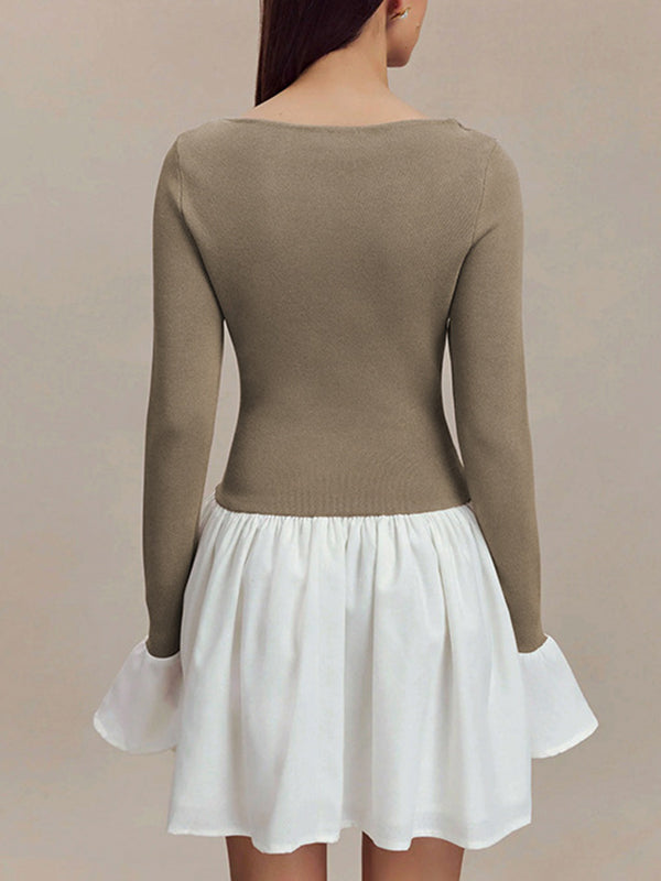 Contrast Color Pleated Split-Joint A-Line Flared Sleeves Round-Neck Mini Dresses