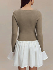 Contrast Color Pleated Split-Joint A-Line Flared Sleeves Round-Neck Mini Dresses