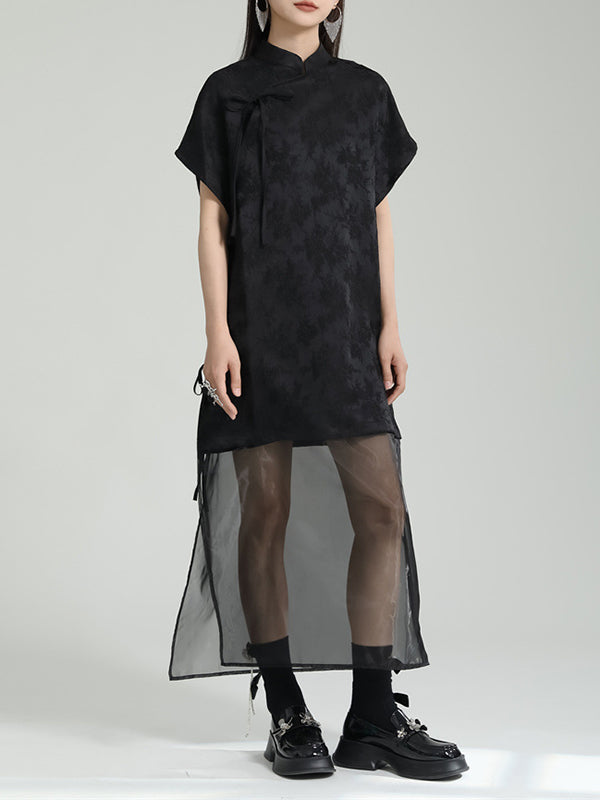 Gauze Jacquard Solid Color False Two Short Sleeves Stand Collar Midi Dresses Long Cheongsams