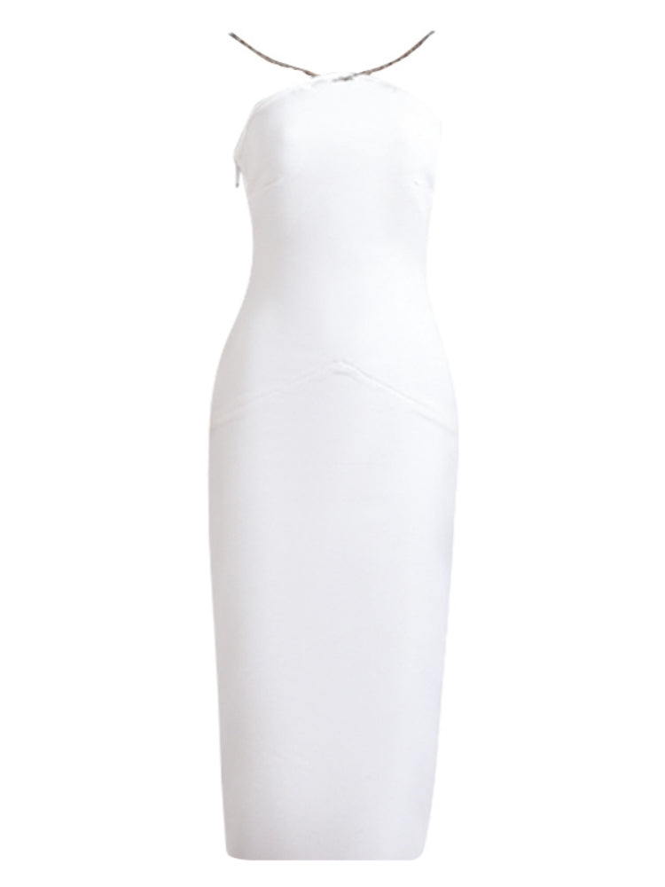 White  Backless Chain Halter Sleeveless Dress