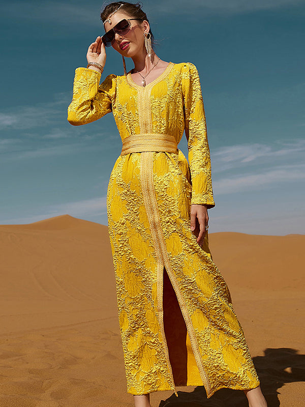 Vacation Loose A-Line Lace-Up Embroidered Solid Color V-Neck Dress