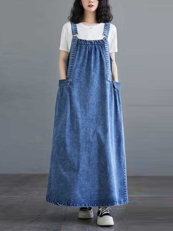 Pleated Pockets Split-Joint A-Line Loose Spaghetti-Neck Suspender Dress Maxi Dresses