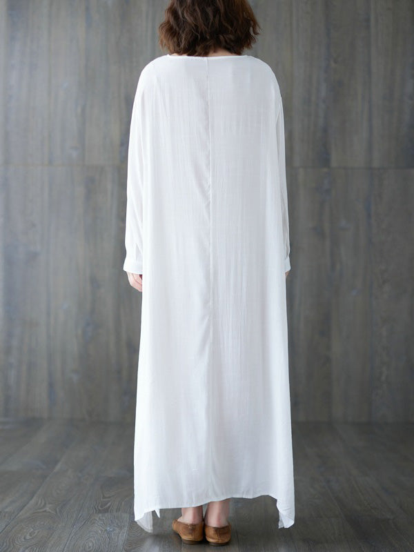 Casual Long Sleeves Loose Solid Color Round-Neck Maxi Dresses