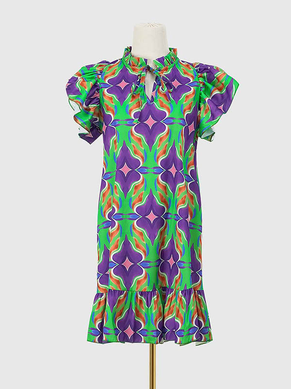 Hollow Pleated Printed Split-Joint Tied A-Line High Waisted Round-Neck Mini Dresses