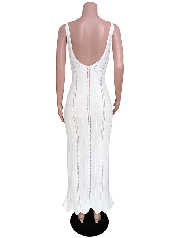Backless Hollow See-Through Solid Color Split-Joint Skinny Sleeveless Wide Straps Maxi Dresses