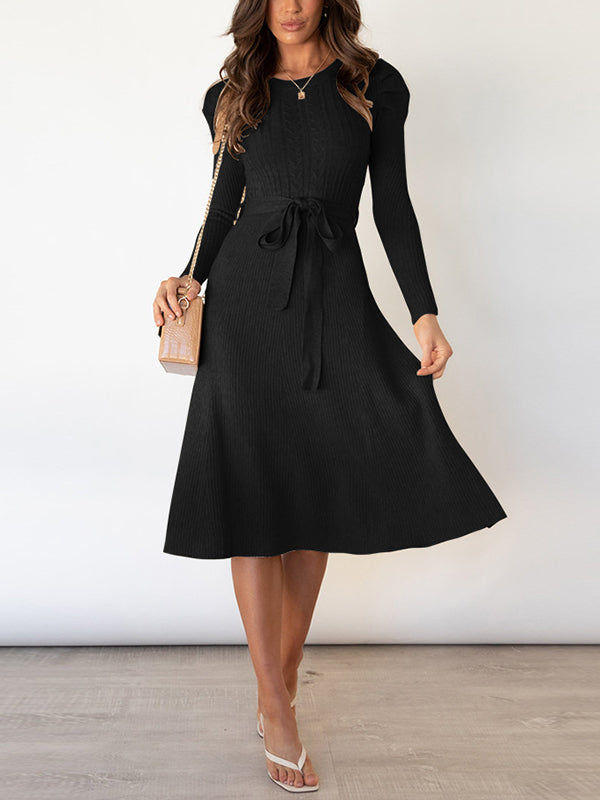 Solid Color Tied Waist High Waisted Long Sleeves Round-Neck Sweater Dresses Midi Dresses
