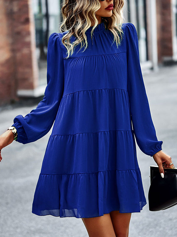 Elasticity Pleated Solid Color Split-Joint Tied A-Line Bishop Sleeve Mock Neck Mini Dresses