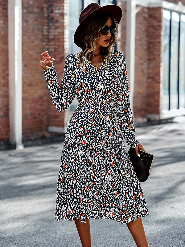 Bohemia Long Sleeves Floral Printed V-Neck Dress
