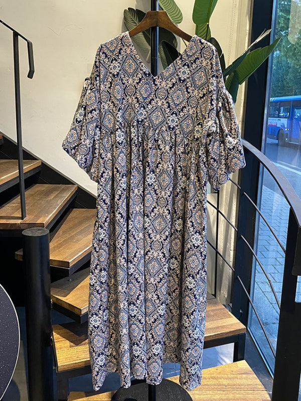 Vintage Floral Printed V-Neck Pleated Puff Sleeves Midi Dress