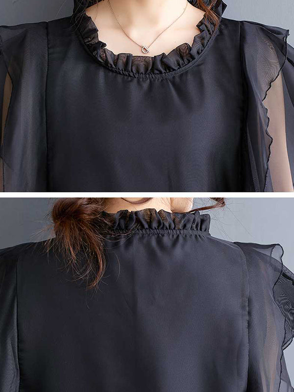 Falbala Ruffled Solid Color Loose Ruffle Sleeves Round-neck Midi Dresses