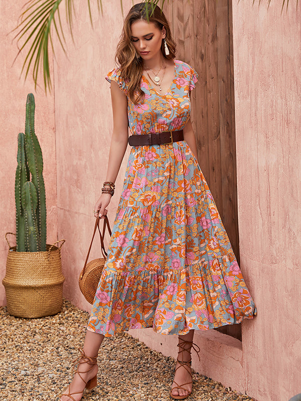 Bohemia A-Line Flared Sleeves V-Neck Maxi Dress