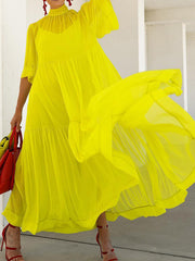 Mesh Pleated Solid Color Split-Joint Loose Plus Size Mock Neck Two Pieces Set Maxi Dresses