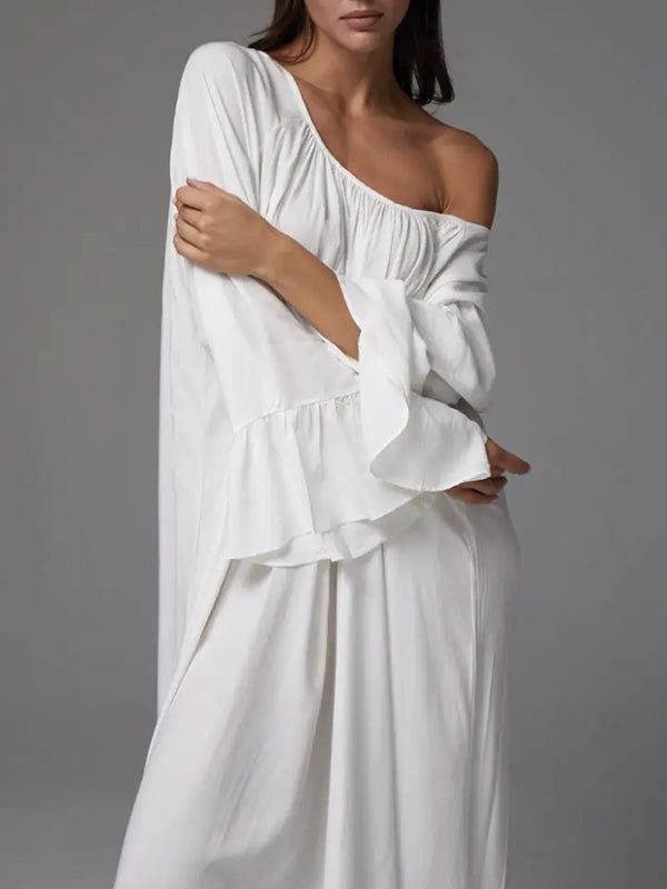 Pleated Solid Color Split-Joint Flared Sleeves Loose Round-Neck Maxi Dresses