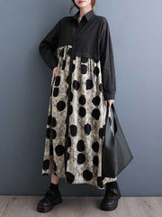 Asymmetric Buttoned Polka-Dot Split-Joint A-Line Long Sleeves Lapel Shirt Dress Midi Dresses