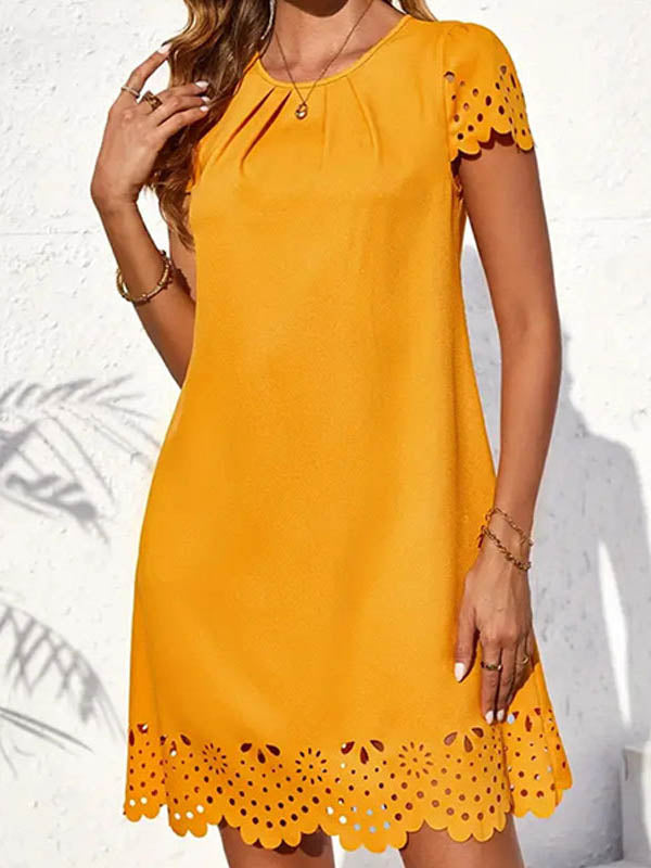 Hollow Pleated Solid Color Split-Joint Loose Short Sleeves Round-Neck Mini Dresses