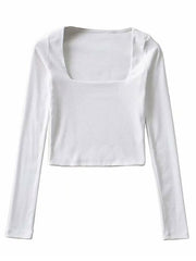 Long-Sleeve Square Neck Plain Cropped T-Shirt