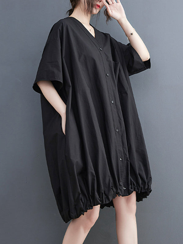 Solid Color Loose Short Sleeves V-neck Midi Dresses