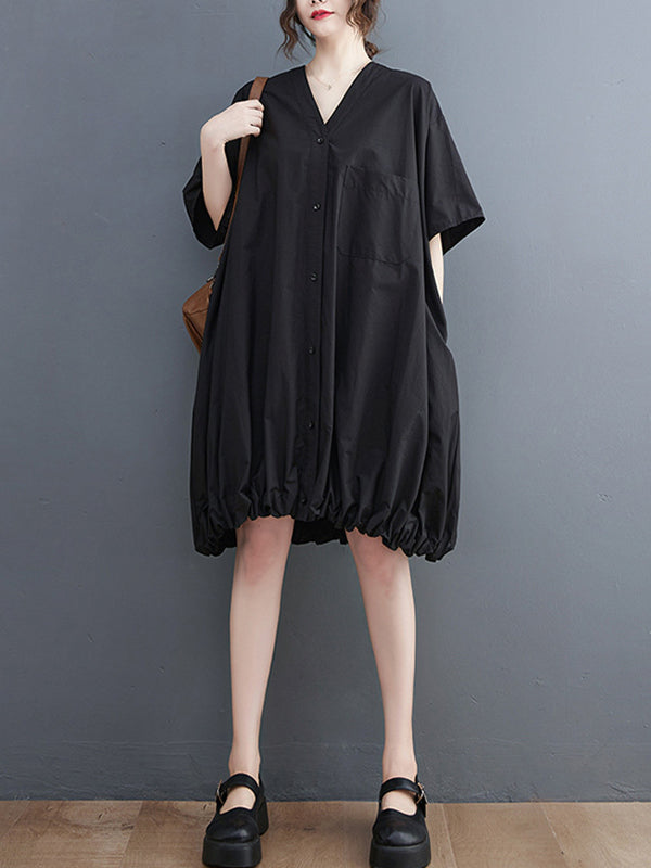 Solid Color Loose Short Sleeves V-neck Midi Dresses