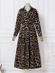 Buttoned Leopard High Waisted Long Sleeves Lapel Maxi Dresses