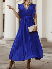 Floral Pleated Solid Color Split-Joint Tied Waist Loose Sleeveless V-Neck Maxi Dresses
