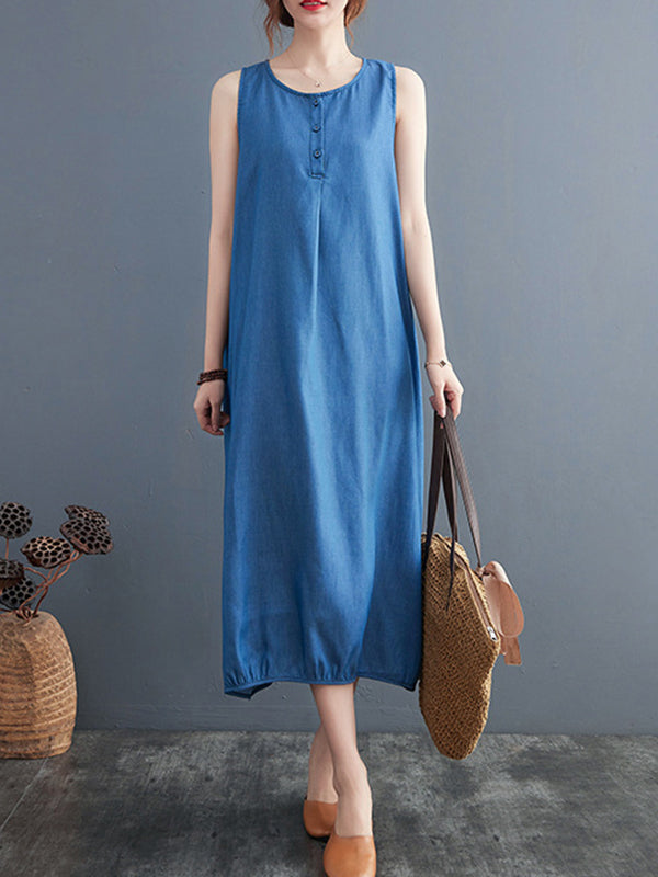 Buttoned Pleated Solid Color A-Line Loose Round-Neck Midi Dresses