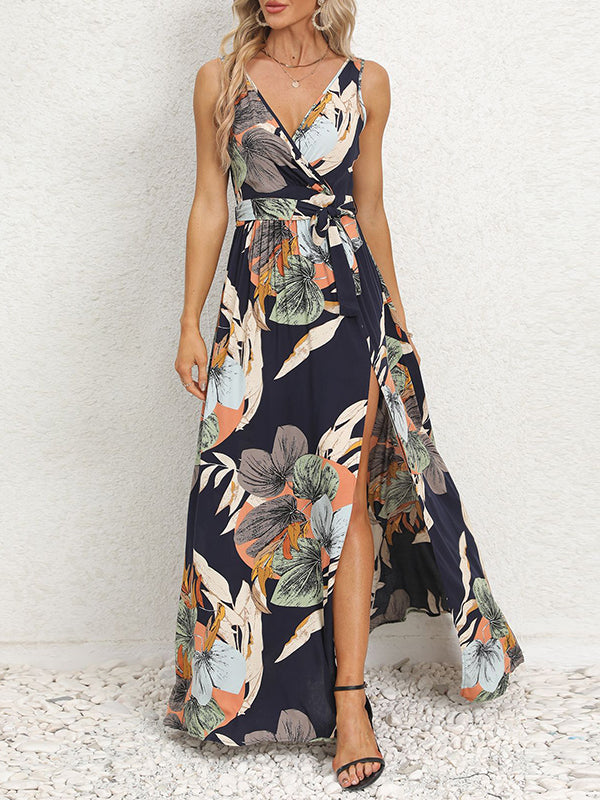 Flower Print Pleated Split-Front Tied Waist A-Line Loose V-Neck Maxi Dresses
