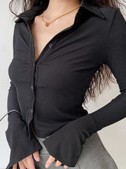 Bell Sleeve Plain Ribbed-Knit Slim-Fit Crop Shirt