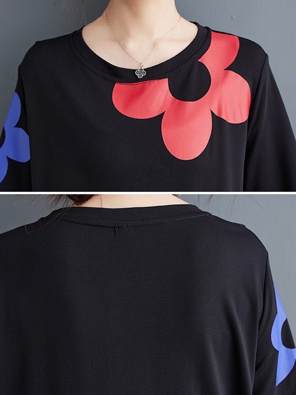 Floral Printed Split-Joint Loose Short Sleeves Round-neck Midi Dresses