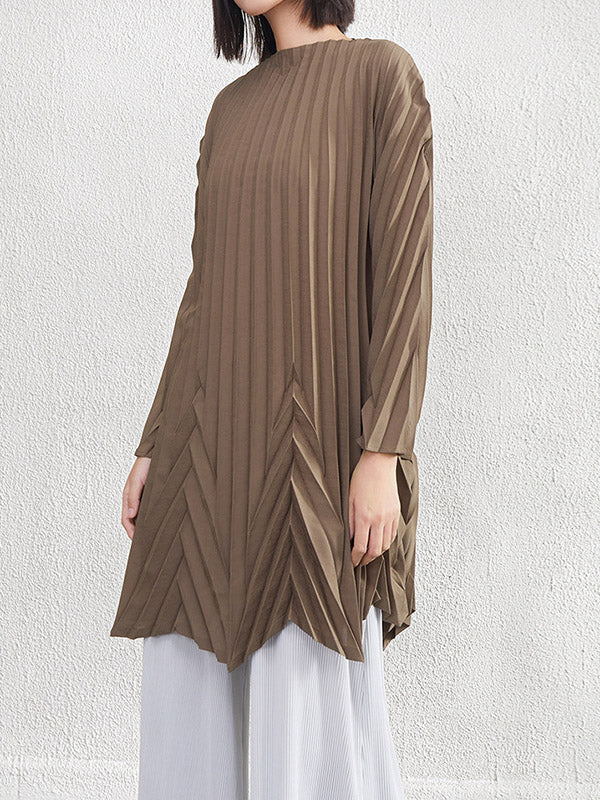 Pleated Solid Color A-Line Long Sleeves Round-Neck Mini Dresses