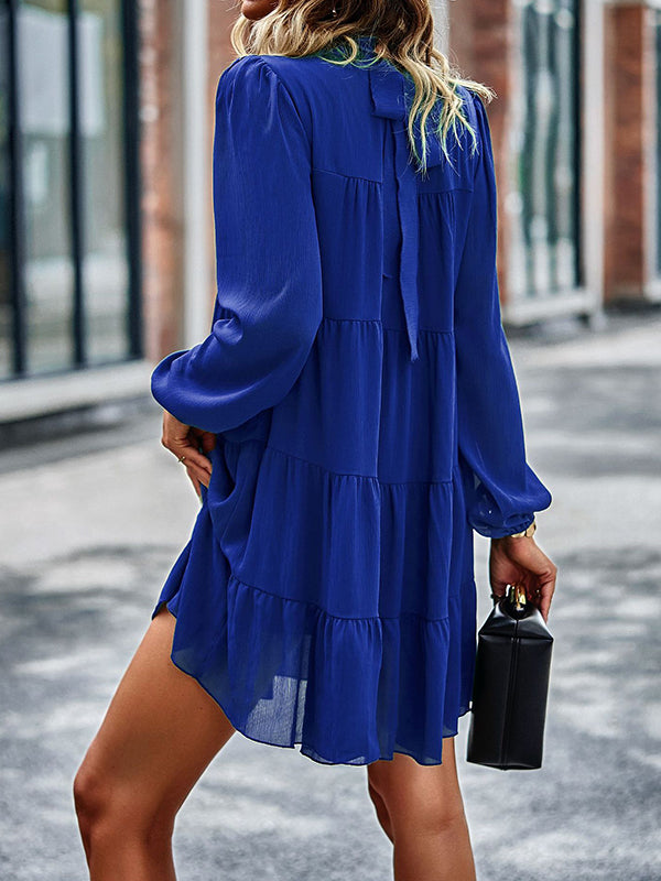 Elasticity Pleated Solid Color Split-Joint Tied A-Line Bishop Sleeve Mock Neck Mini Dresses