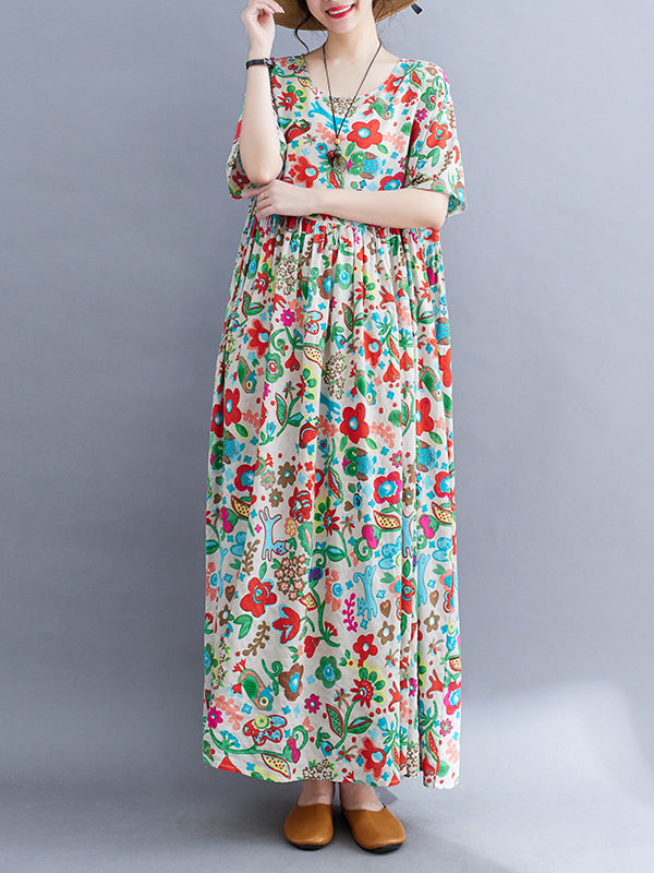 Pleated Printed Split-Joint Loose Short Sleeves Round-Neck Midi Dresses