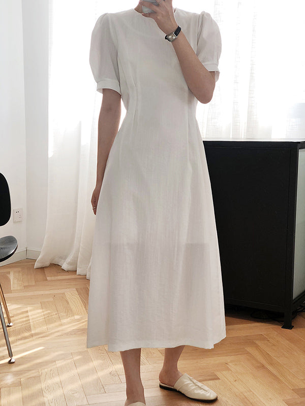 Original Creation Loose Short Sleeves Solid Color Round-Neck Midi Dresses