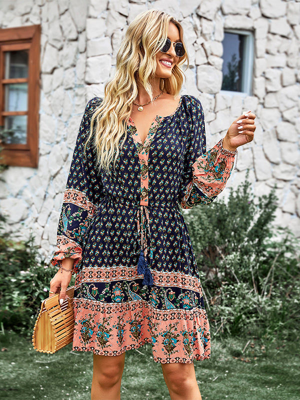 Bohemia A-Line Floral Printed V-Neck Dress
