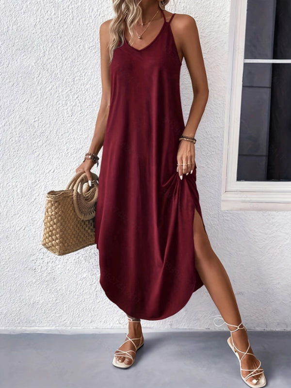 Solid Color Loose Plus Size Spaghetti-Neck Maxi Dresses