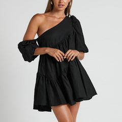 casual loose off-shoulder puff sleeve patchwork short-sleeved dress irregular skirt