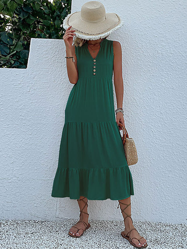 Pleated Split-Joint Loose Sleeveless V-Neck Midi Dresses