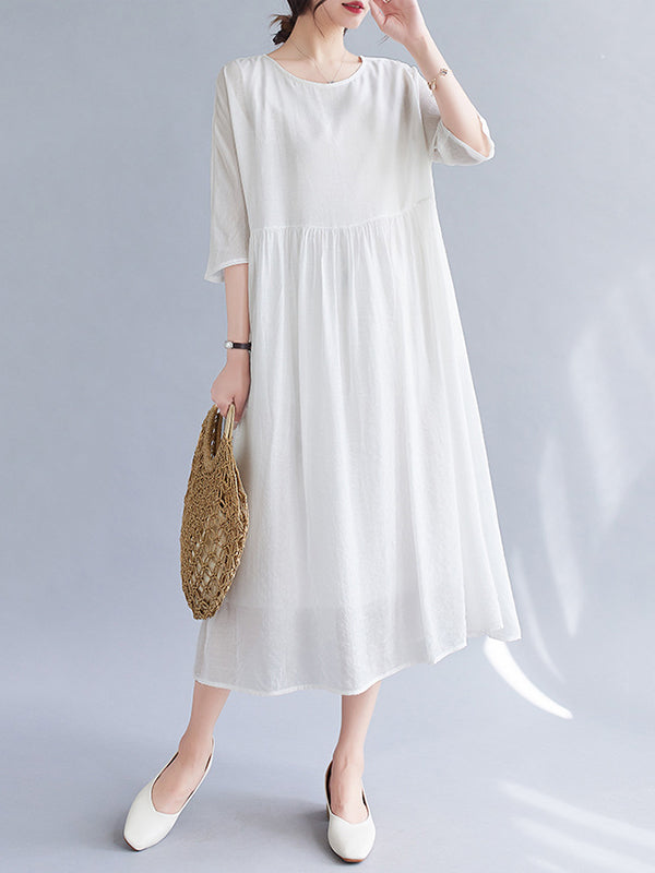 Pleated See-Through Solid Color Split-Joint Loose Short Sleeves Round-Neck Midi Dresses