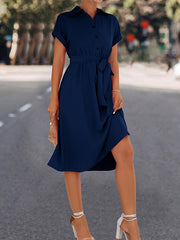 Buttoned Solid Color Tied Waist A-Line High Waisted Lapel Collar Shirt Dress Midi Dresses