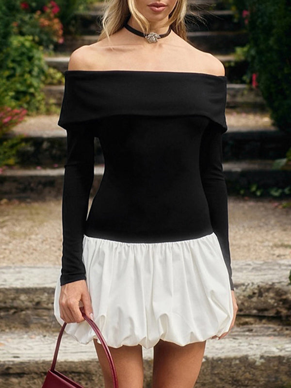Contrast Color Pleated Split-Joint High Waisted Long Sleeves Off-The-Shoulder Mini Dresses