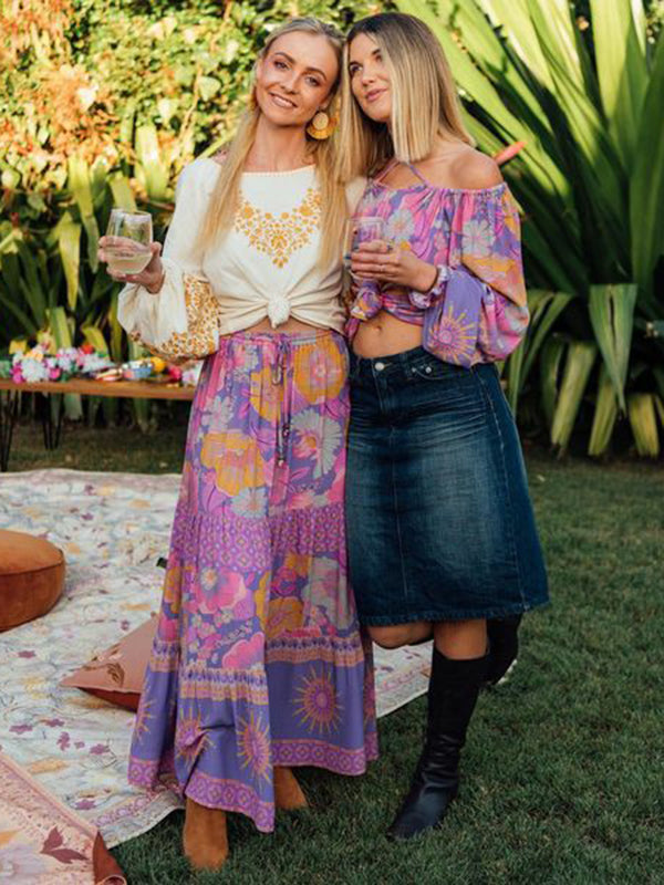 Bohemia Long Sleeves Loose Floral Printed Round-Neck Maxi Dress