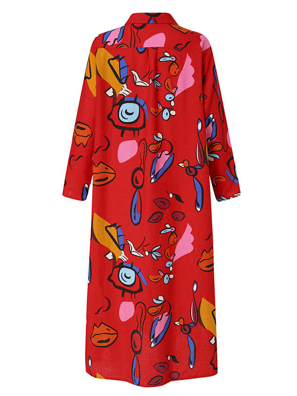 Buttoned Pockets Printed Long Sleeves Loose Lapel Shirt Dress Maxi Dresses