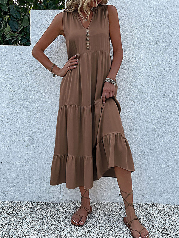 Pleated Split-Joint Loose Sleeveless V-Neck Midi Dresses