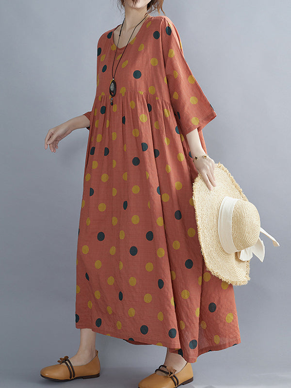 Artistic Retro Vintage Polka-Dot Loose Pleated Midi Dress