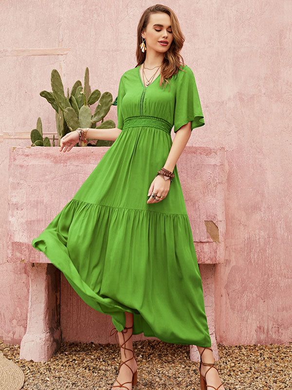 Vacation Half Sleeves Wrap Solid Color V-Neck Maxi Dress